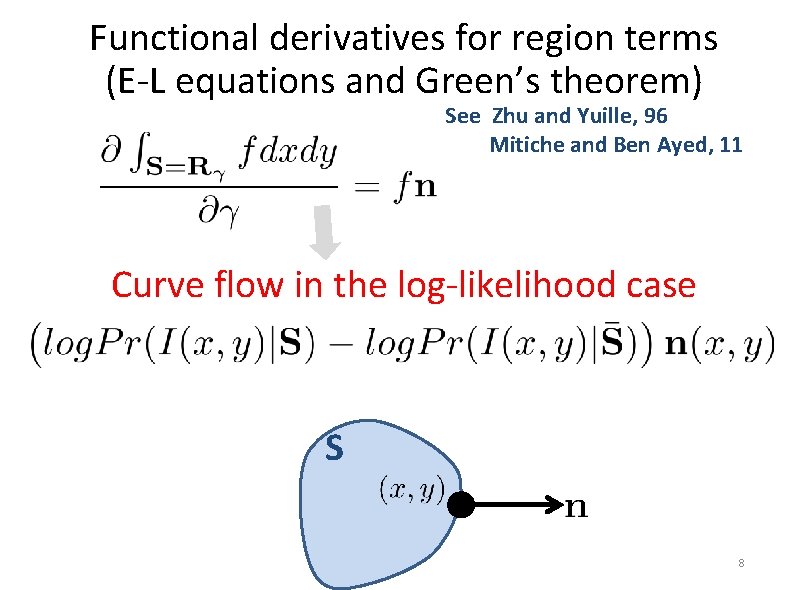 Functional derivatives for region terms (E-L equations and Green’s theorem) See Zhu and Yuille,