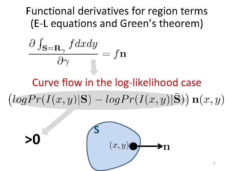 Functional derivatives for region terms (E-L equations and Green’s theorem) Curve flow in the