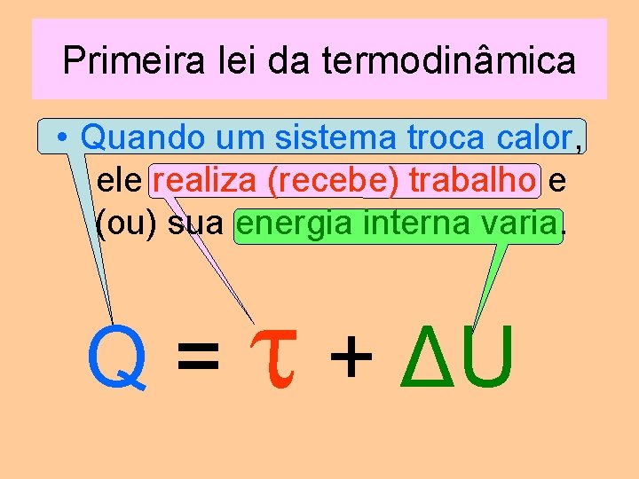 Primeira lei da termodinâmica • Quando um sistema troca calor, ele realiza (recebe) trabalho