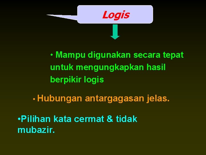 Logis • Mampu digunakan secara tepat untuk mengungkapkan hasil berpikir logis • Hubungan antargagasan