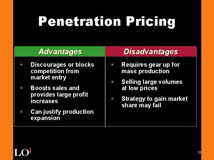 Penetration Pricing Advantages § § § Discourages or blocks competition from market entry Boosts