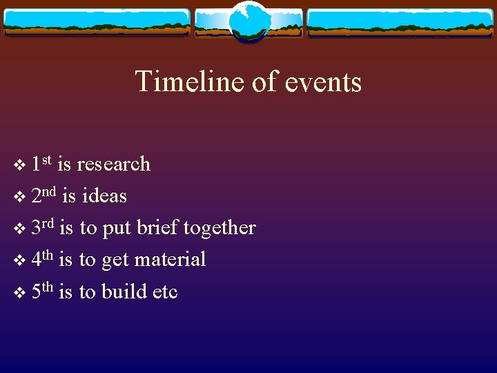 Timeline of events v 1 st is research v 2 nd is ideas v