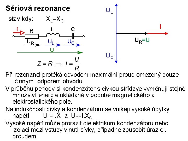 Sériová rezonance stav kdy: UL XL=XC I UR=U UC Při rezonanci protéká obvodem maximální