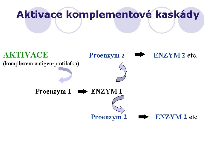 Aktivace komplementové kaskády AKTIVACE Proenzym 2 ENZYM 2 etc. (komplexem antigen-protilátka) Proenzym 1 ENZYM