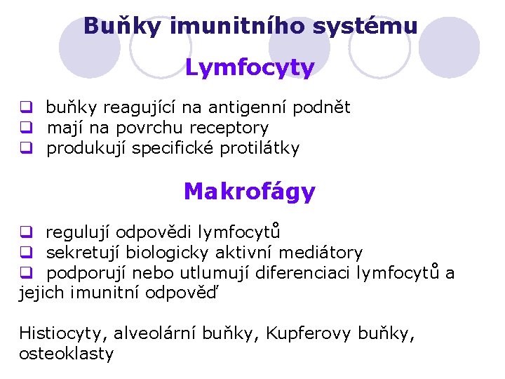 Buňky imunitního systému Lymfocyty q buňky reagující na antigenní podnět q mají na povrchu