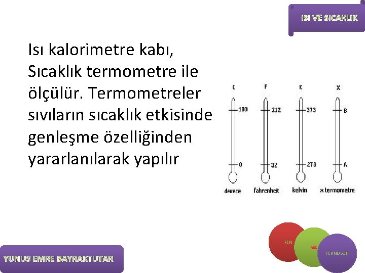 ISI VE SICAKLIK Isı kalorimetre kabı, Sıcaklık termometre ile ölçülür. Termometreler sıvıların sıcaklık etkisinde