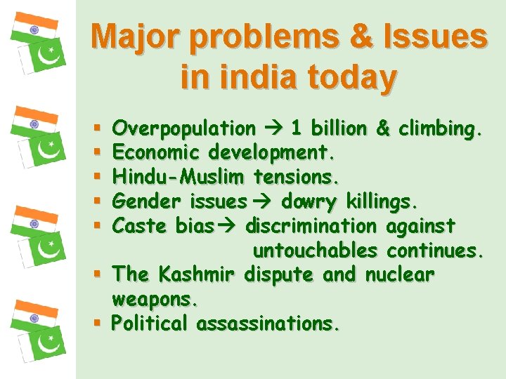 Major problems & Issues in india today Overpopulation 1 billion & climbing. Economic development.