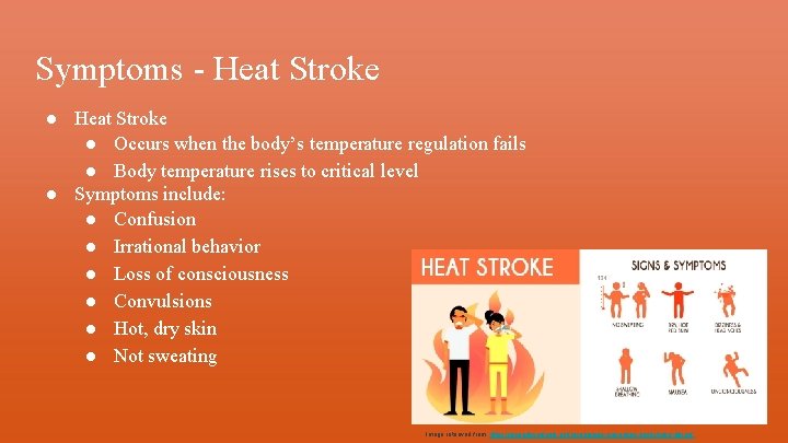 Symptoms - Heat Stroke ● Occurs when the body’s temperature regulation fails ● Body