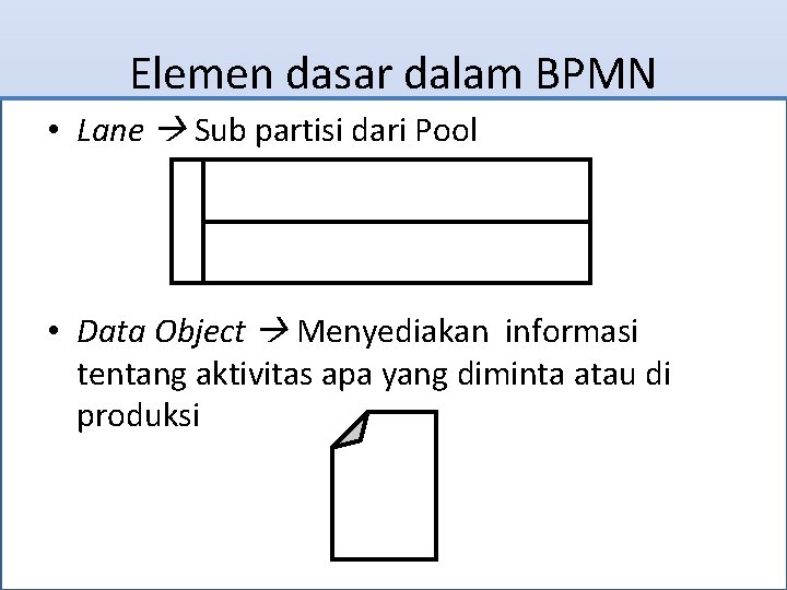 Elemen dasar dalam BPMN • Lane Sub partisi dari Pool • Data Object Menyediakan