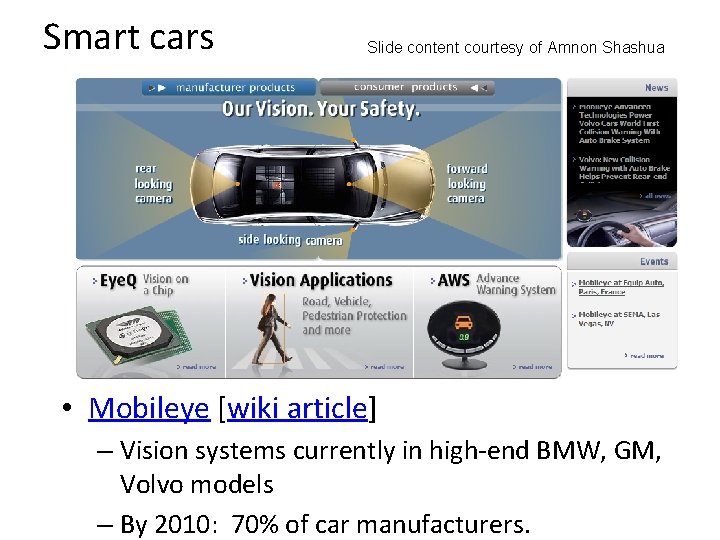 Smart cars Slide content courtesy of Amnon Shashua • Mobileye [wiki article] – Vision