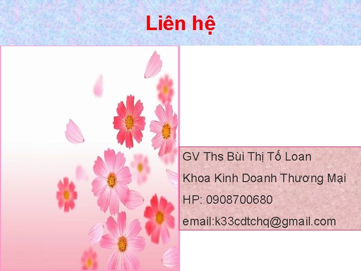 Liên hệ GV Ths Bùi Thị Tố Loan Khoa Kinh Doanh Thương Mại HP: