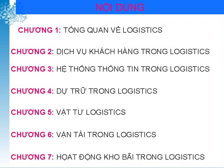 NỘI DUNG CHƯƠNG 1: TỔNG QUAN VỀ LOGISTICS CHƯƠNG 2: DỊCH VỤ KHÁCH HÀNG