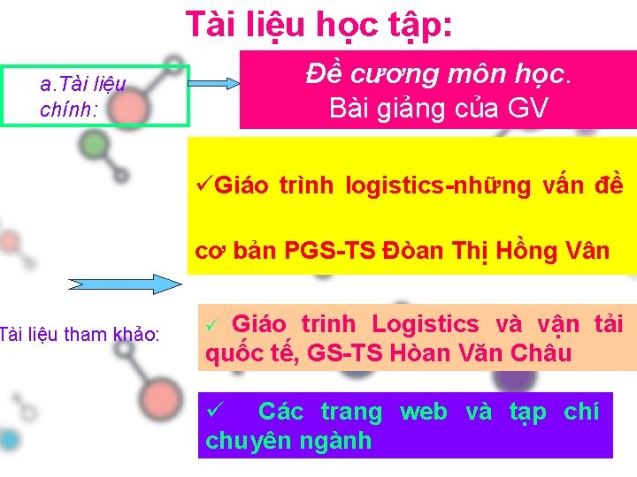 Tài liệu học tập: Đề cương môn học. Bài giảng của GV a. Tài