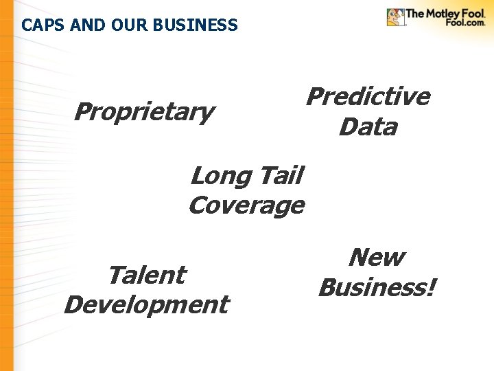 CAPS AND OUR BUSINESS Proprietary Predictive Data Long Tail Coverage Talent Development New Business! CAPS AND OUR BUSINESS Proprietary Predictive Data Long Tail Coverage Talent Development New Business!