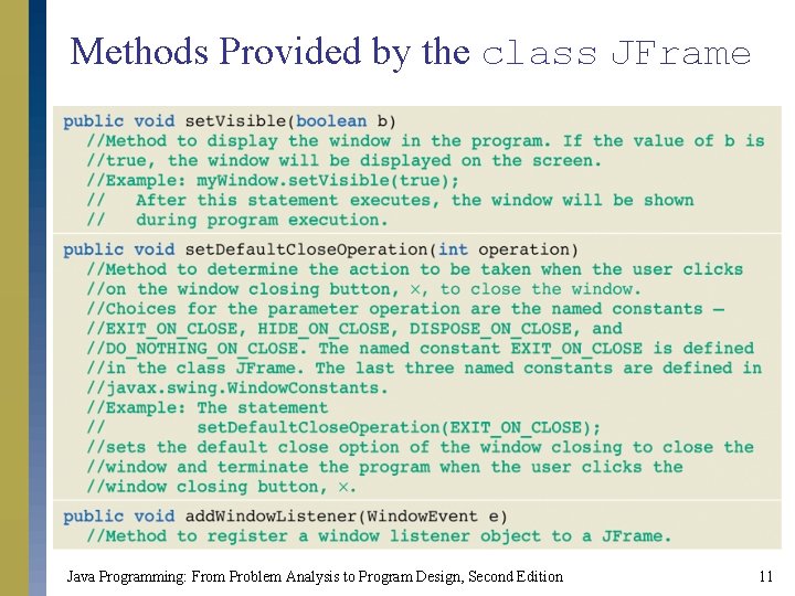 Methods Provided by the class JFrame Java Programming: From Problem Analysis to Program Design,