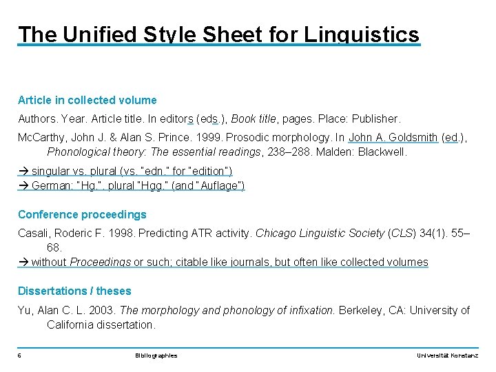 The Unified Style Sheet for Linguistics Article in collected volume Authors. Year. Article title.