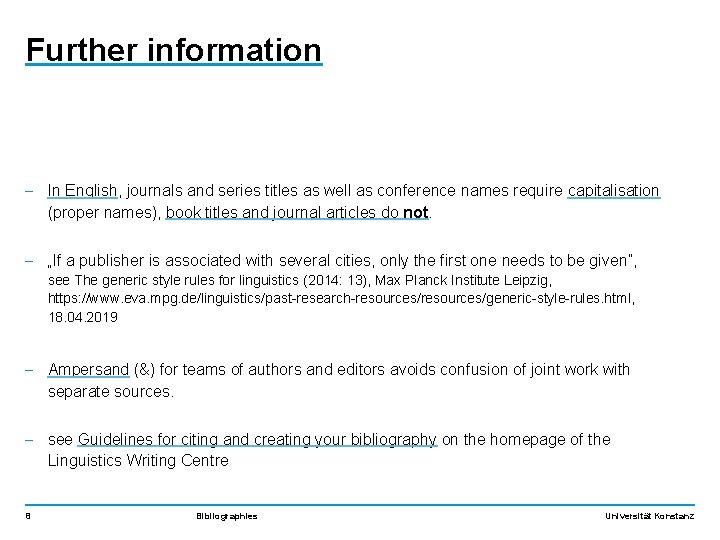 Further information - In English, journals and series titles as well as conference names