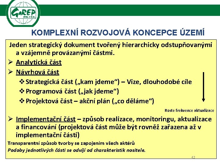 KOMPLEXNÍ ROZVOJOVÁ KONCEPCE ÚZEMÍ Jeden strategický dokument tvořený hierarchicky odstupňovanými a vzájemně provázanými částmi.