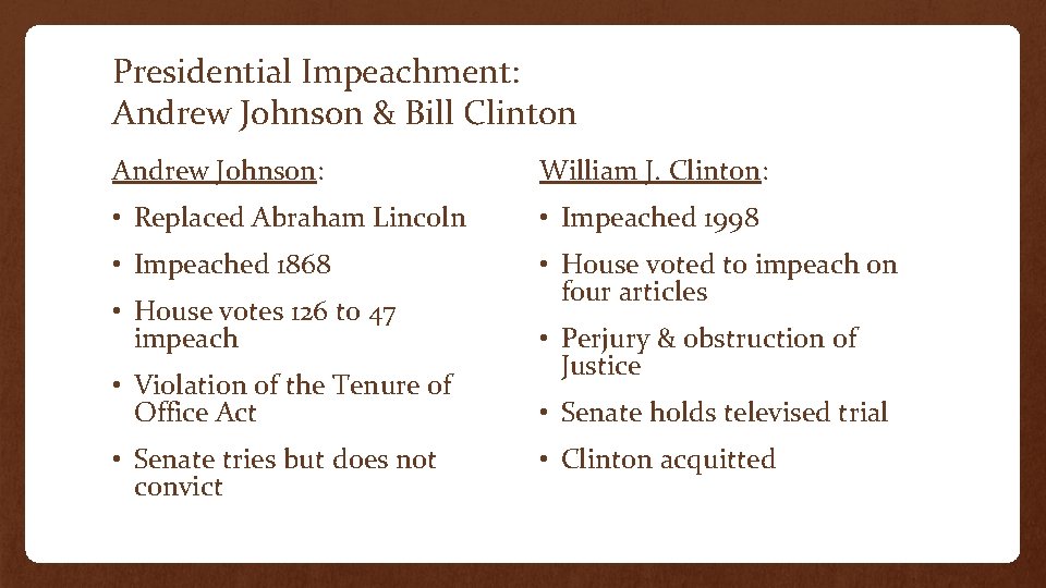 Presidential Impeachment: Andrew Johnson & Bill Clinton Andrew Johnson: William J. Clinton: • Replaced