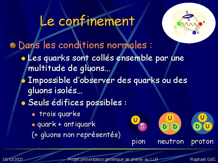 Le confinement Dans les conditions normales : Les quarks sont collés ensemble par une