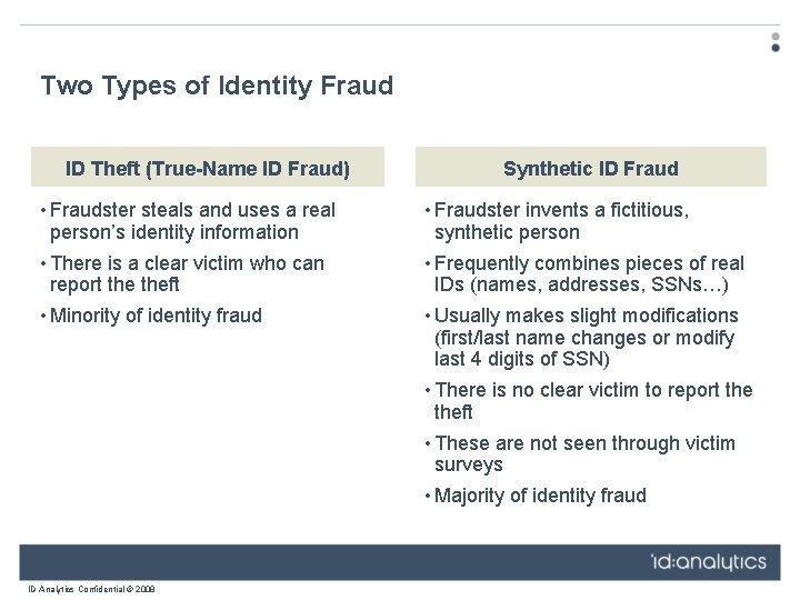Two Types of Identity Fraud ID Theft (True-Name ID Fraud) Synthetic ID Fraud •