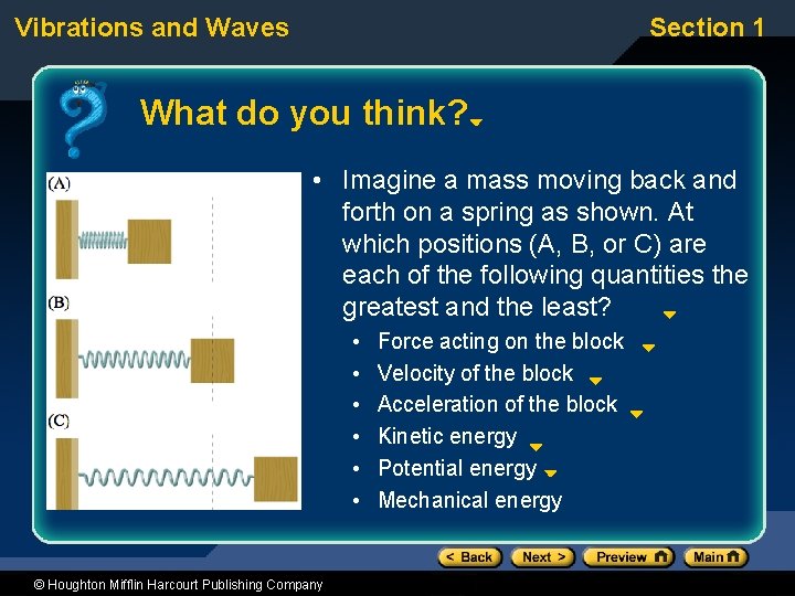 Vibrations and Waves Section 1 What do you think? • Imagine a mass moving