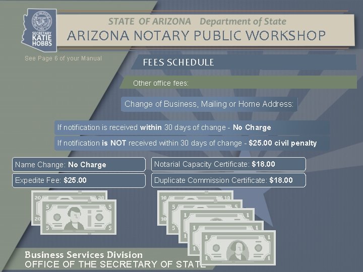 ARIZONA NOTARY PUBLIC WORKSHOP See Page 6 of your Manual FEES SCHEDULE Other office