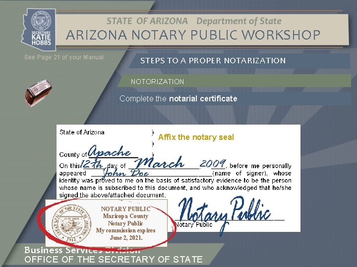 ARIZONA NOTARY PUBLIC WORKSHOP See Page 21 of your Manual STEPS TO A PROPER