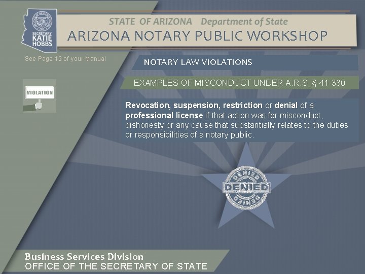 ARIZONA NOTARY PUBLIC WORKSHOP See Page 12 of your Manual NOTARY LAW VIOLATIONS EXAMPLES