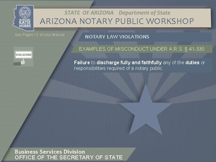 ARIZONA NOTARY PUBLIC WORKSHOP See Pages 12 of your Manual NOTARY LAW VIOLATIONS EXAMPLES