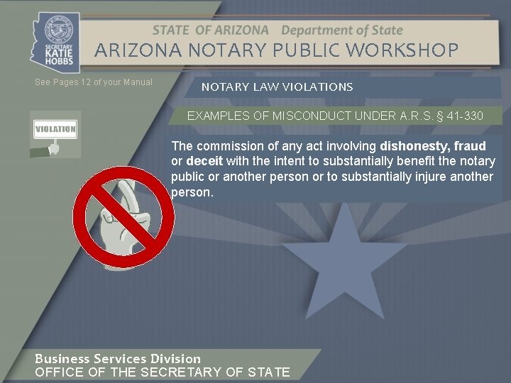 ARIZONA NOTARY PUBLIC WORKSHOP See Pages 12 of your Manual NOTARY LAW VIOLATIONS EXAMPLES
