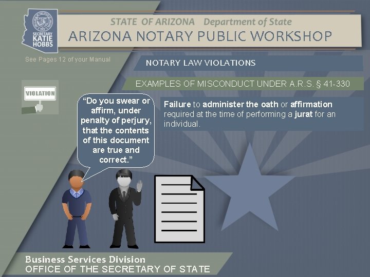ARIZONA NOTARY PUBLIC WORKSHOP See Pages 12 of your Manual NOTARY LAW VIOLATIONS EXAMPLES