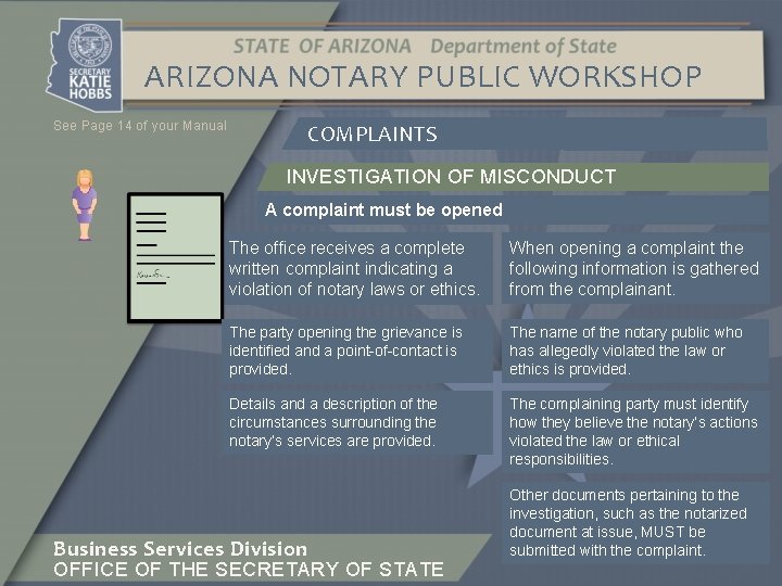 ARIZONA NOTARY PUBLIC WORKSHOP See Page 14 of your Manual COMPLAINTS INVESTIGATION OF MISCONDUCT