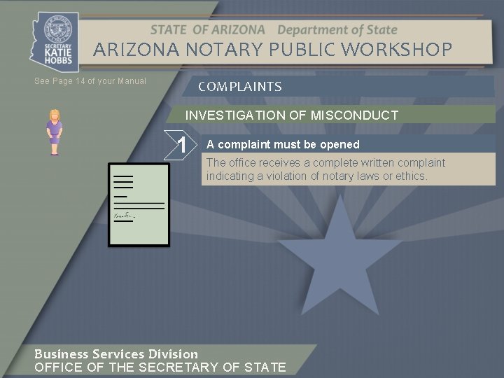 ARIZONA NOTARY PUBLIC WORKSHOP See Page 14 of your Manual COMPLAINTS INVESTIGATION OF MISCONDUCT