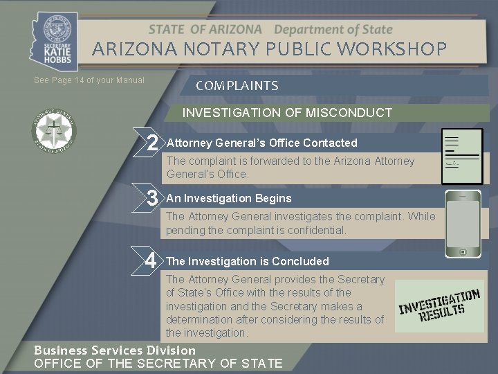 ARIZONA NOTARY PUBLIC WORKSHOP See Page 14 of your Manual COMPLAINTS INVESTIGATION OF MISCONDUCT