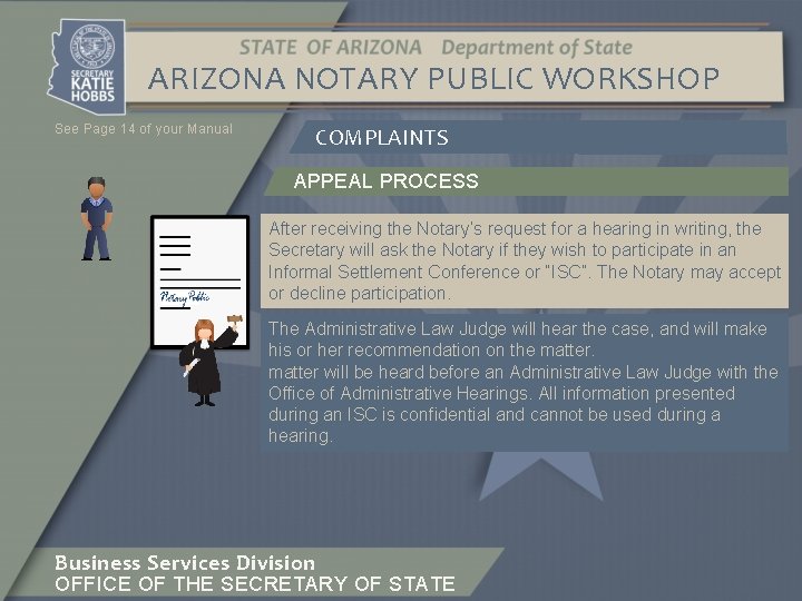 ARIZONA NOTARY PUBLIC WORKSHOP See Page 14 of your Manual COMPLAINTS APPEAL PROCESS After