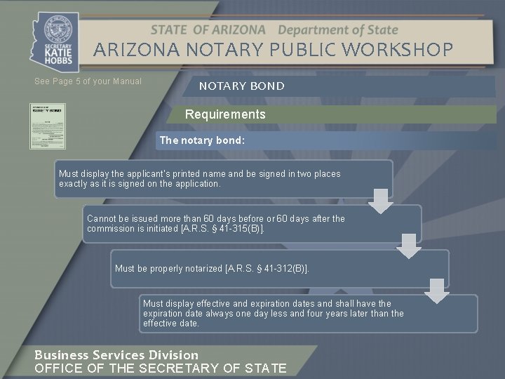 ARIZONA NOTARY PUBLIC WORKSHOP See Page 5 of your Manual NOTARY BOND Requirements The