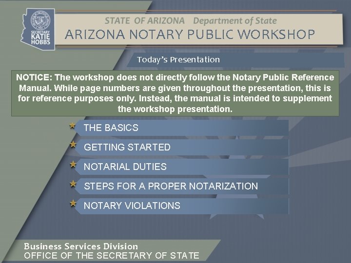 ARIZONA NOTARY PUBLIC WORKSHOP Today’s Presentation NOTICE: The workshop does not directly follow the