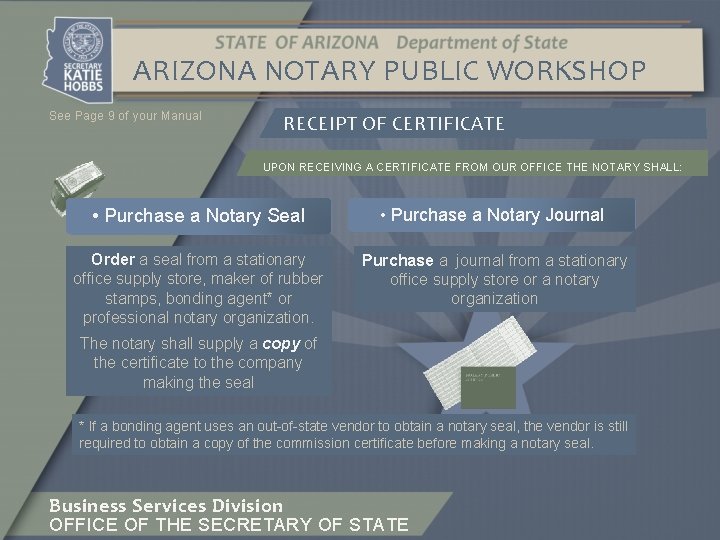 ARIZONA NOTARY PUBLIC WORKSHOP See Page 9 of your Manual RECEIPT OF CERTIFICATE UPON