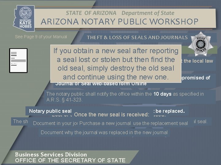 ARIZONA NOTARY PUBLIC WORKSHOP See Page 9 of your Manual THEFT & LOSS OF