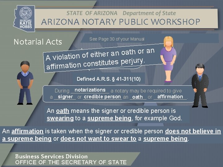 ARIZONA NOTARY PUBLIC WORKSHOP Notarial Acts See Page 30 of your Manual an r