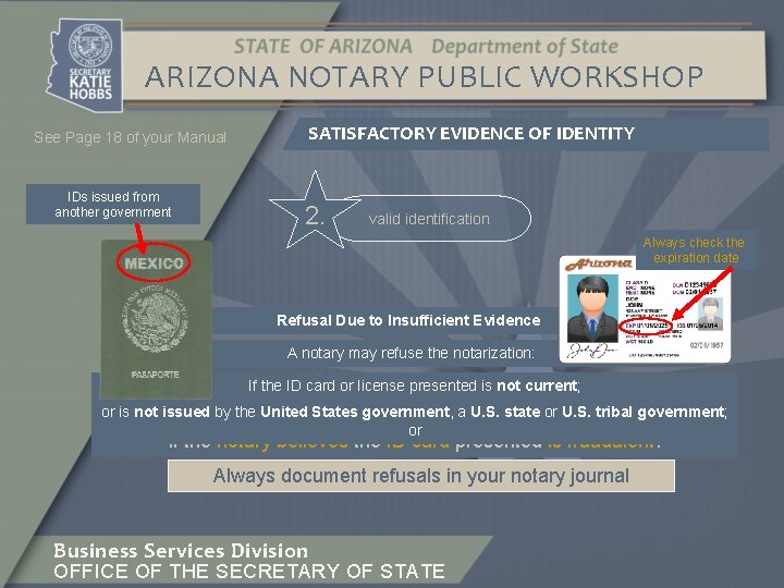 ARIZONA NOTARY PUBLIC WORKSHOP See Page 18 of your Manual IDs issued from another