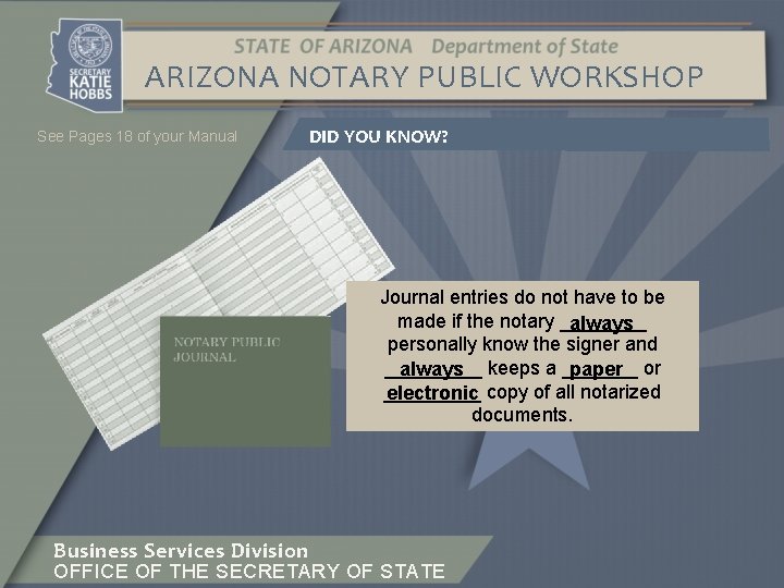 ARIZONA NOTARY PUBLIC WORKSHOP See Pages 18 of your Manual DID YOU KNOW? Journal
