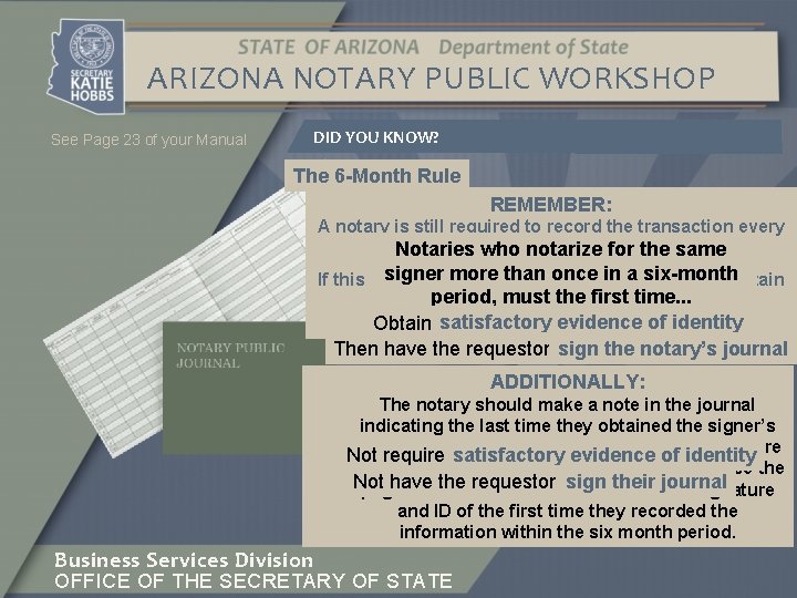 ARIZONA NOTARY PUBLIC WORKSHOP See Page 23 of your Manual DID YOU KNOW? The