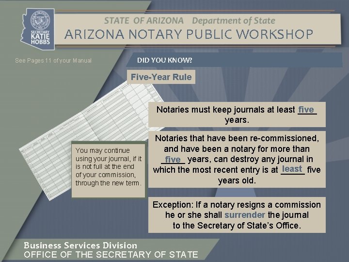ARIZONA NOTARY PUBLIC WORKSHOP See Pages 11 of your Manual DID YOU KNOW? Five-Year