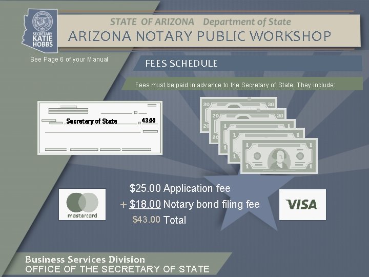 ARIZONA NOTARY PUBLIC WORKSHOP See Page 6 of your Manual FEES SCHEDULE Fees must