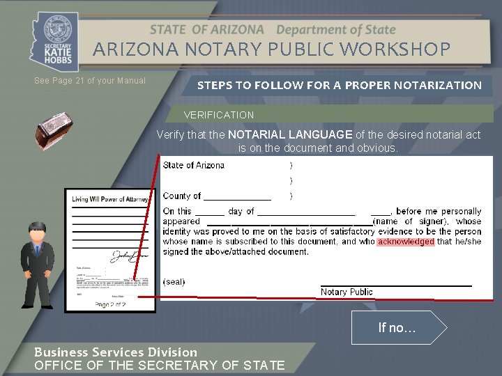 ARIZONA NOTARY PUBLIC WORKSHOP See Page 21 of your Manual STEPS TO FOLLOW FOR