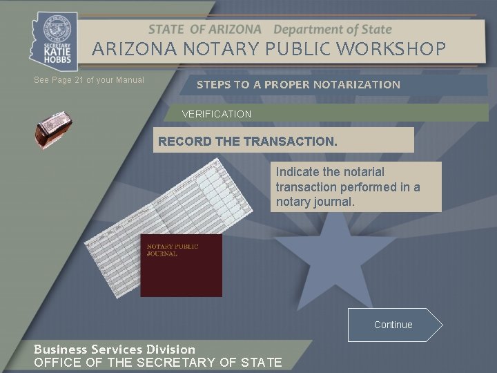 ARIZONA NOTARY PUBLIC WORKSHOP See Page 21 of your Manual STEPS TO A PROPER