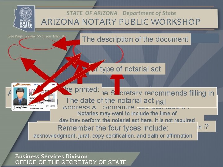 ARIZONA NOTARY PUBLIC WORKSHOP See Pages 22 and 55 of your Manual HOW TO