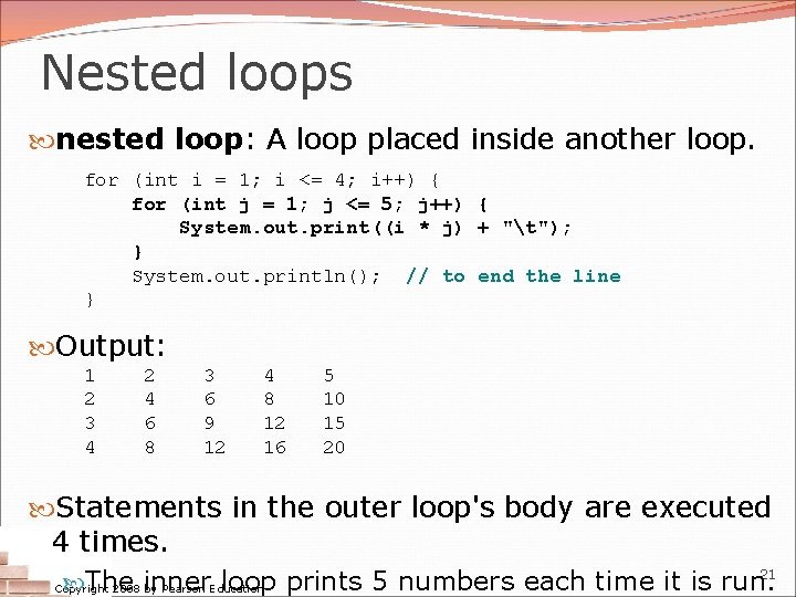 Nested loops nested loop: A loop placed inside another loop. for (int i = Nested loops nested loop: A loop placed inside another loop. for (int i =